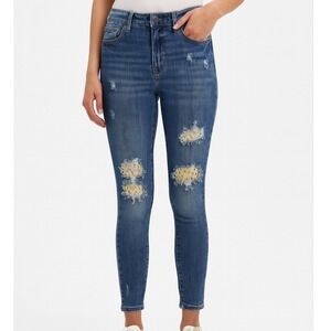 Judy‎ Blue Distressed Skinny Jeans Floral Patch Ripped Medium Wash Denim Size 9